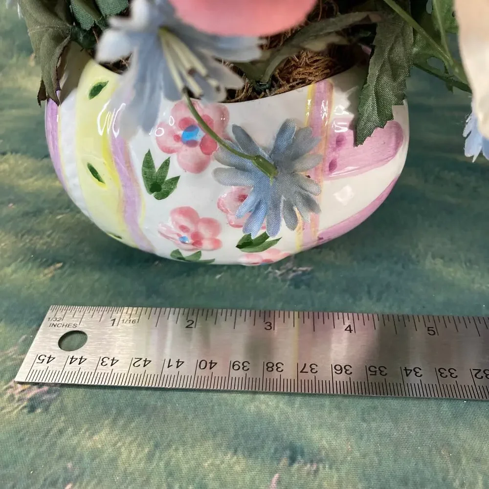 Vintage 90s Shabby Chic Silk Wildflowers in Ceramic Easter Egg-Shaped Vase EUC